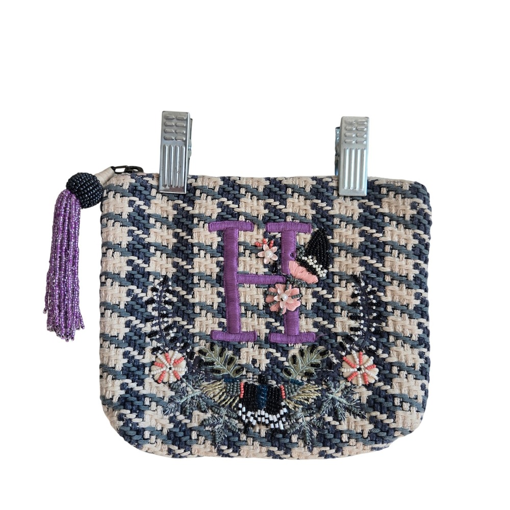 Anthropologie OS Monogram H Pouch Womens Blue Cream Excellent Woven Beaded Bag